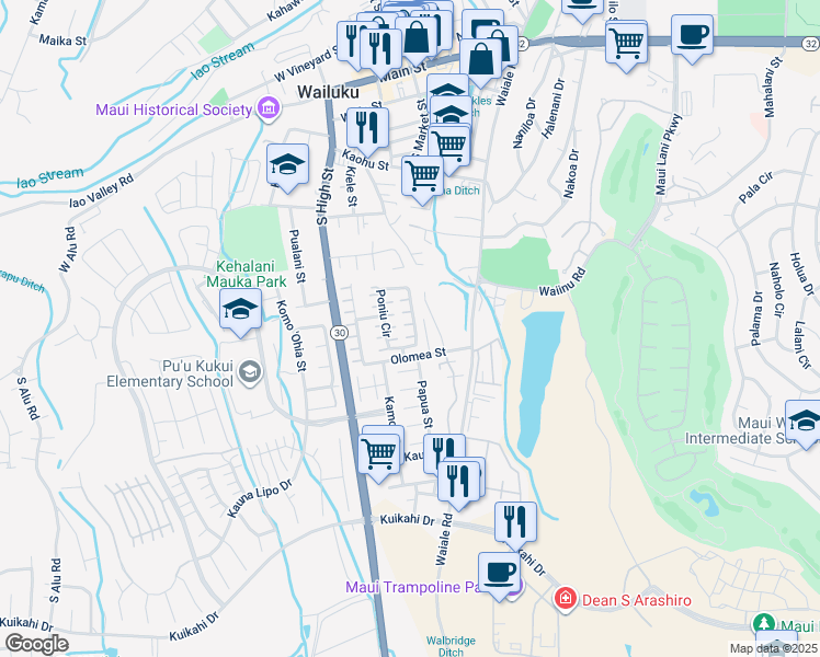 map of restaurants, bars, coffee shops, grocery stores, and more near 184 Poniu Circle in Wailuku