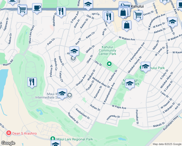 map of restaurants, bars, coffee shops, grocery stores, and more near 548 Waikala Street in Kahului