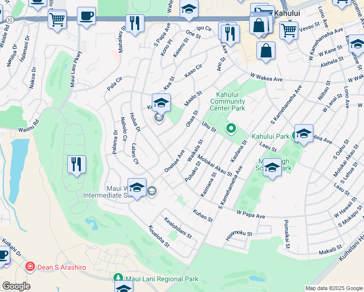 map of restaurants, bars, coffee shops, grocery stores, and more near 626 Onehee Avenue in Kahului