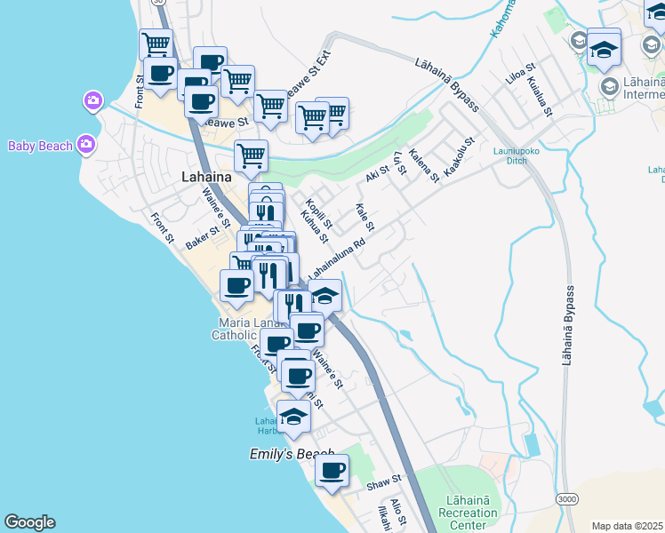map of restaurants, bars, coffee shops, grocery stores, and more near 300 Lahainaluna Road in Lahaina