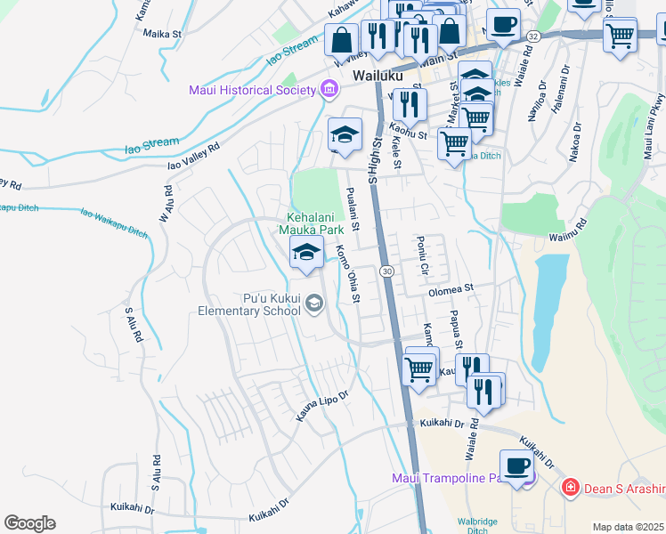 map of restaurants, bars, coffee shops, grocery stores, and more near 15 Ohia Leo Place in Wailuku