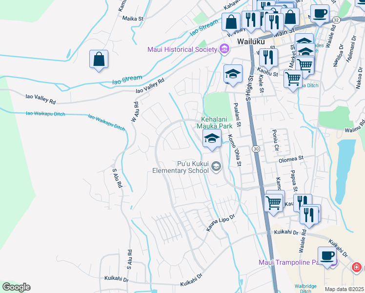 map of restaurants, bars, coffee shops, grocery stores, and more near 100 Lili Lehua Street in Wailuku