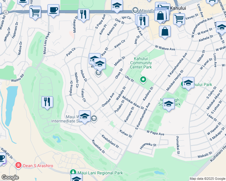 map of restaurants, bars, coffee shops, grocery stores, and more near 626 Onehee Avenue in Kahului