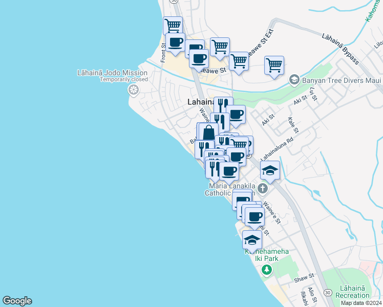 map of restaurants, bars, coffee shops, grocery stores, and more near 991 Front Street in Lahaina