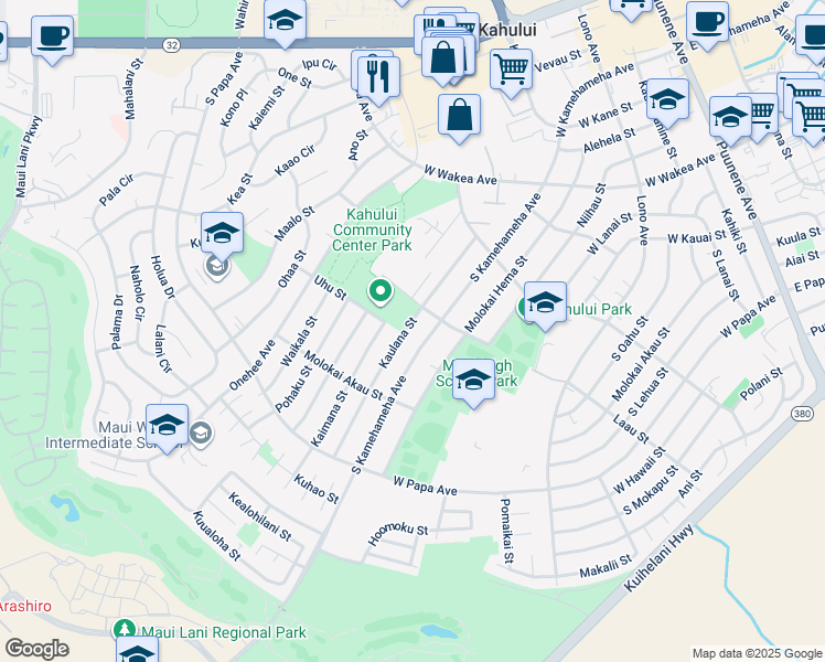 map of restaurants, bars, coffee shops, grocery stores, and more near 495 Kaulana Street in Kahului