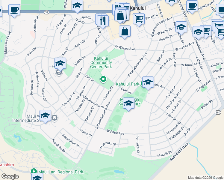 map of restaurants, bars, coffee shops, grocery stores, and more near 495 Kaulana Street in Kahului