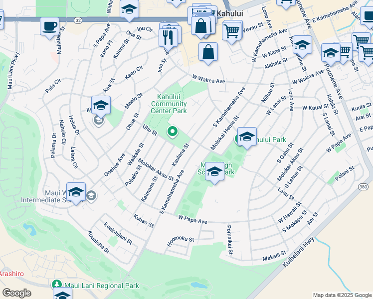 map of restaurants, bars, coffee shops, grocery stores, and more near 495 Kaulana Street in Kahului