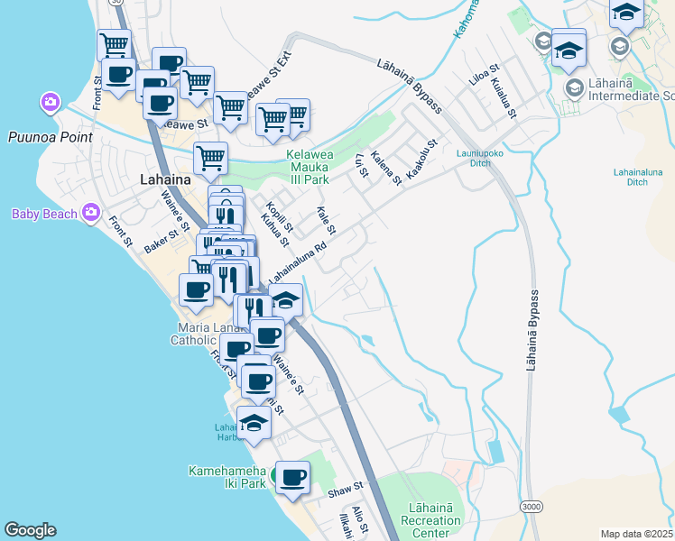 map of restaurants, bars, coffee shops, grocery stores, and more near 753 Pauoa Street in Lahaina