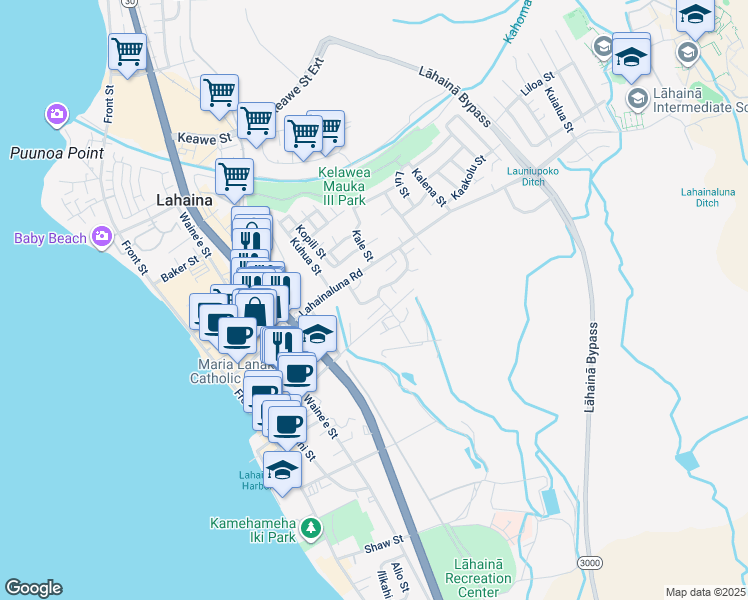map of restaurants, bars, coffee shops, grocery stores, and more near 753 Pauoa Street in Lahaina