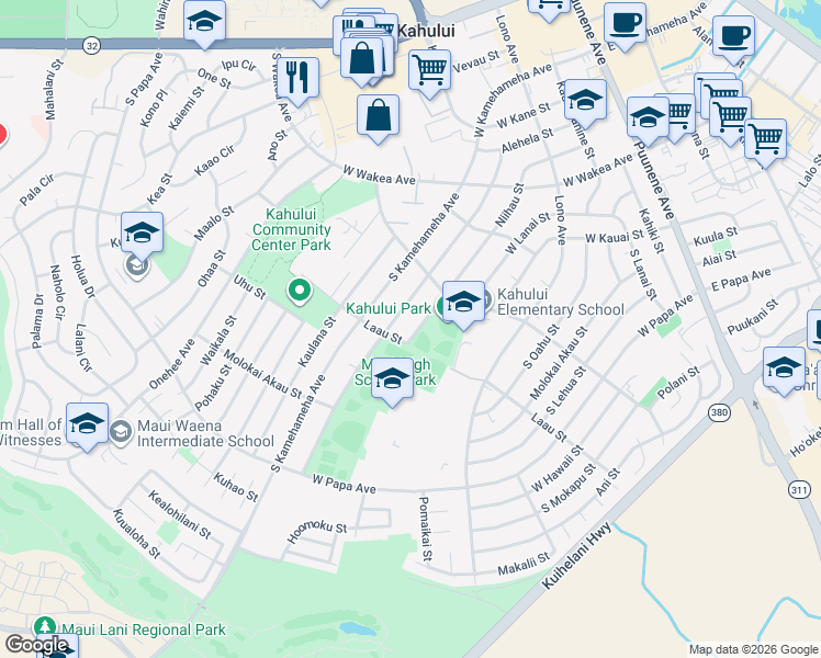 map of restaurants, bars, coffee shops, grocery stores, and more near 376 Niihau Street in Kahului