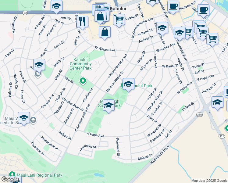 map of restaurants, bars, coffee shops, grocery stores, and more near 376 Niihau Street in Kahului