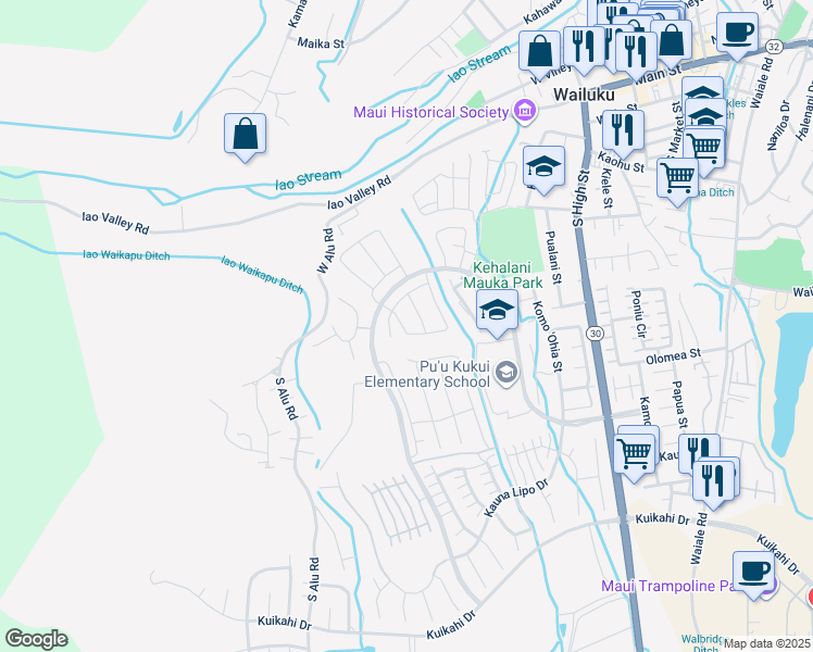 map of restaurants, bars, coffee shops, grocery stores, and more near 136 Ka ʻIkena Loop in Wailuku