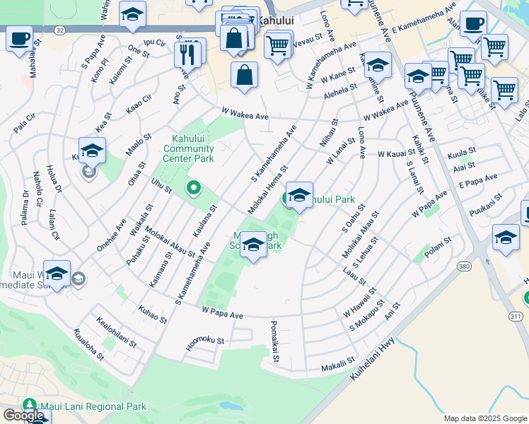 map of restaurants, bars, coffee shops, grocery stores, and more near 376 Niihau Street in Kahului