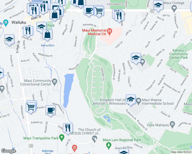 map of restaurants, bars, coffee shops, grocery stores, and more near 98 Lanikeha Place in Kahului