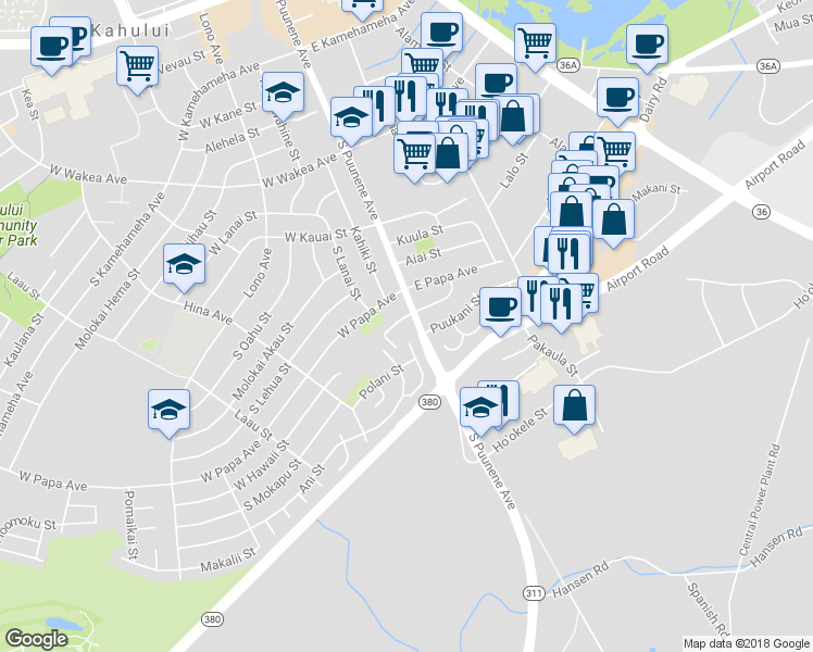 map of restaurants, bars, coffee shops, grocery stores, and more near 19 West Hawaii Street in Kahului