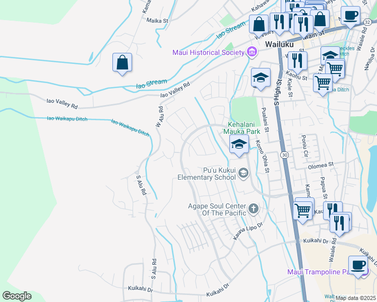 map of restaurants, bars, coffee shops, grocery stores, and more near 59 la iki street in Wailuku