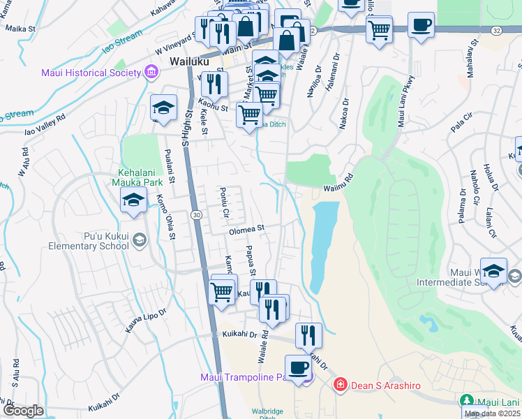 map of restaurants, bars, coffee shops, grocery stores, and more near 591 Halemalu Place in Wailuku