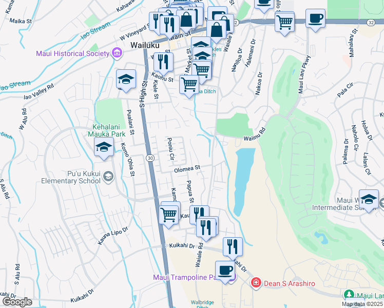 map of restaurants, bars, coffee shops, grocery stores, and more near 586 Halemalu Place in Wailuku