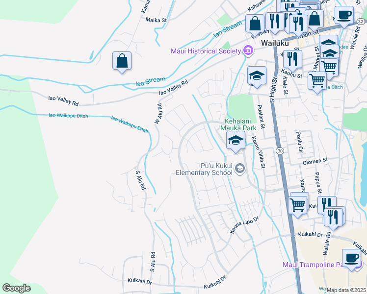 map of restaurants, bars, coffee shops, grocery stores, and more near 109 Lili Lehua Street in Wailuku