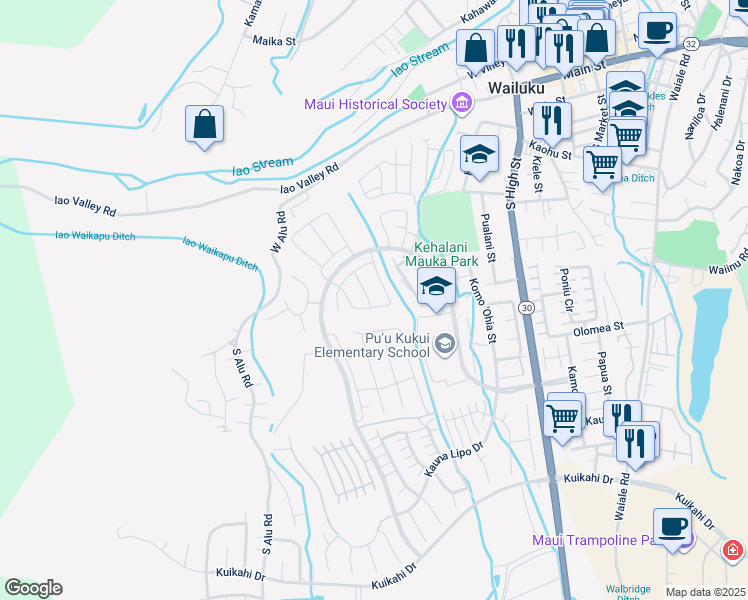 map of restaurants, bars, coffee shops, grocery stores, and more near 104 Lili Lehua Street in Wailuku