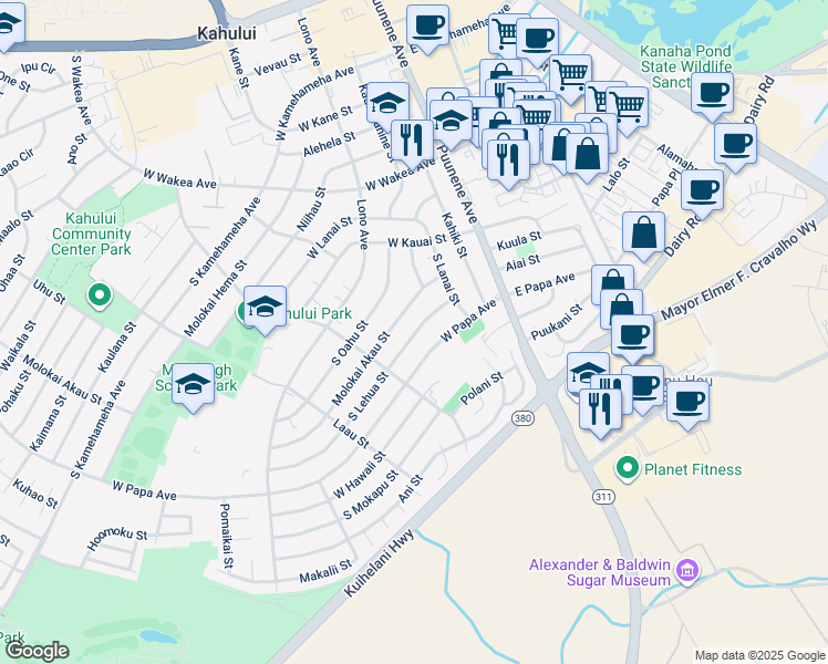 map of restaurants, bars, coffee shops, grocery stores, and more near 112 Lili Lehua Street in Wailuku
