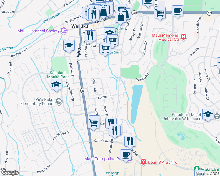 map of restaurants, bars, coffee shops, grocery stores, and more near 591 Halemalu Place in Wailuku