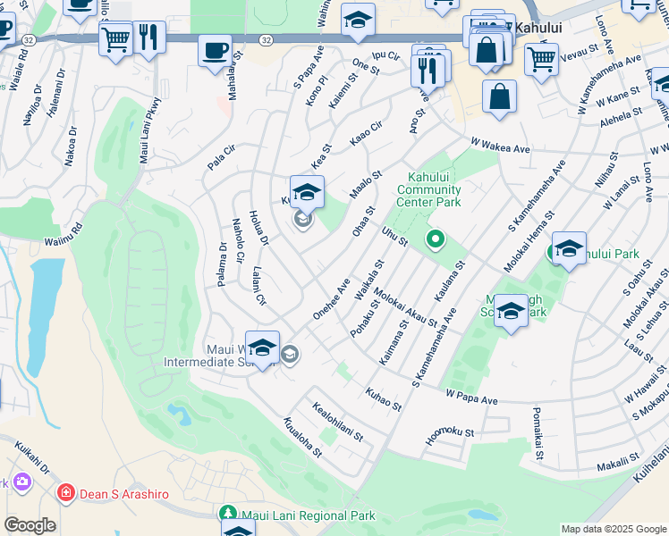 map of restaurants, bars, coffee shops, grocery stores, and more near 345 Ohaa Street in Kahului