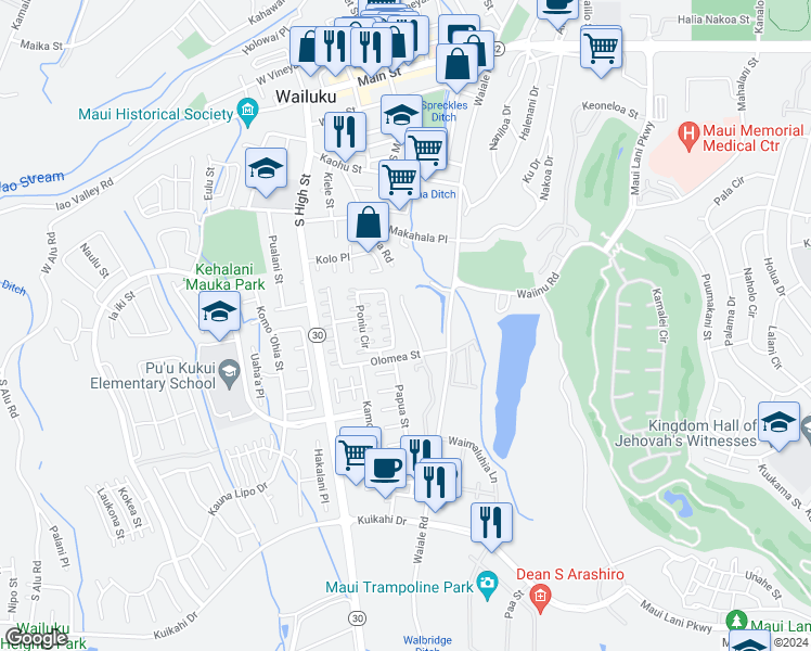 map of restaurants, bars, coffee shops, grocery stores, and more near 586 Halemalu Place in Wailuku