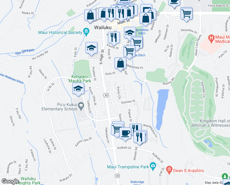 map of restaurants, bars, coffee shops, grocery stores, and more near 49 Wauke Street in Wailuku
