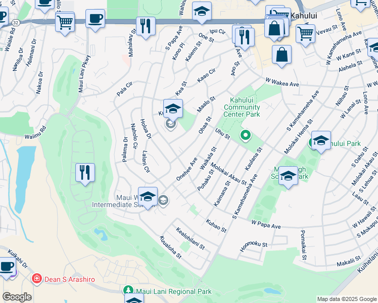 map of restaurants, bars, coffee shops, grocery stores, and more near 345 Ohaa Street in Kahului