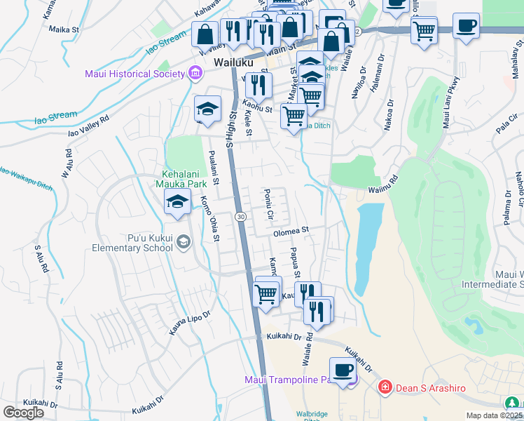 map of restaurants, bars, coffee shops, grocery stores, and more near 49 Wauke Street in Wailuku