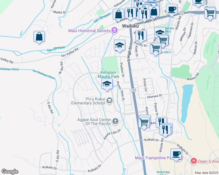 map of restaurants, bars, coffee shops, grocery stores, and more near 115 Hoowaiwai Loop in Wailuku