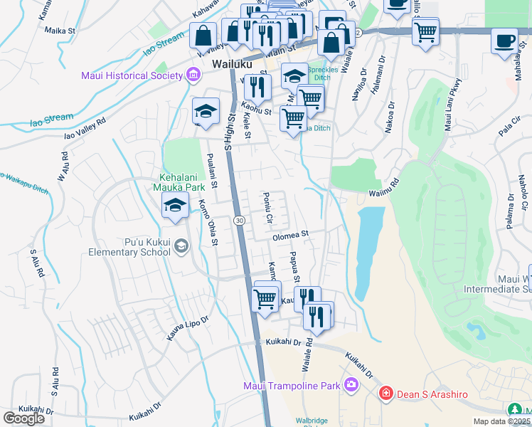 map of restaurants, bars, coffee shops, grocery stores, and more near 53 Poniu Circle in Wailuku