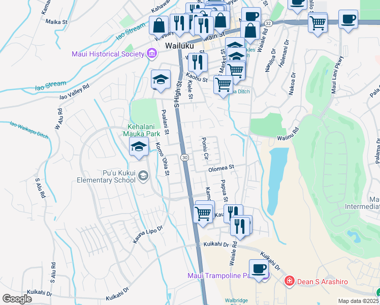 map of restaurants, bars, coffee shops, grocery stores, and more near 566 Akolea Street in Wailuku
