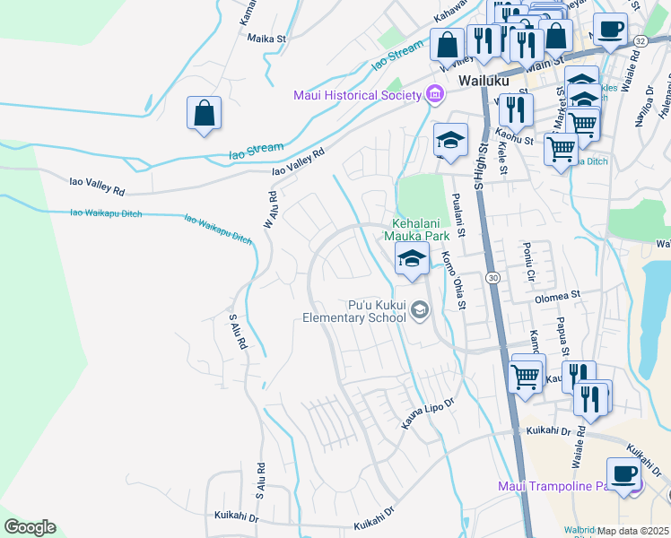 map of restaurants, bars, coffee shops, grocery stores, and more near 140 Ka ʻIkena Loop in Wailuku