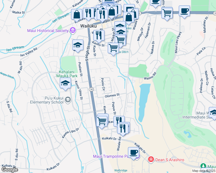 map of restaurants, bars, coffee shops, grocery stores, and more near 178 Poniu Circle in Wailuku