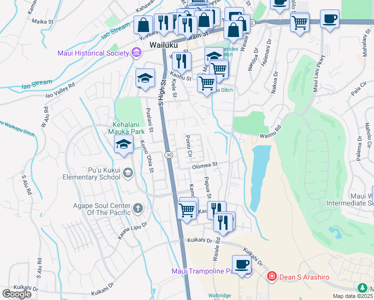map of restaurants, bars, coffee shops, grocery stores, and more near 53 Poniu Circle in Wailuku