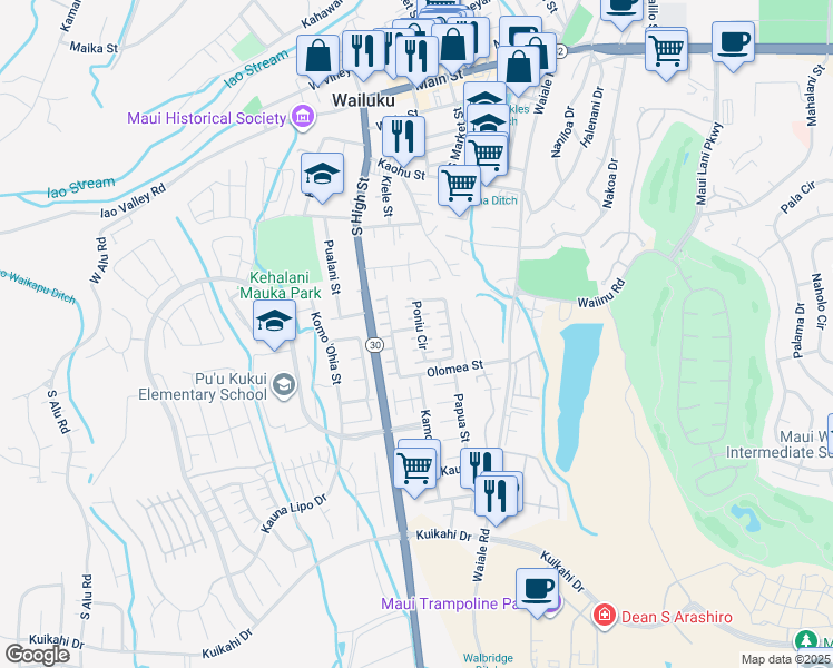 map of restaurants, bars, coffee shops, grocery stores, and more near 53 Poniu Circle in Wailuku