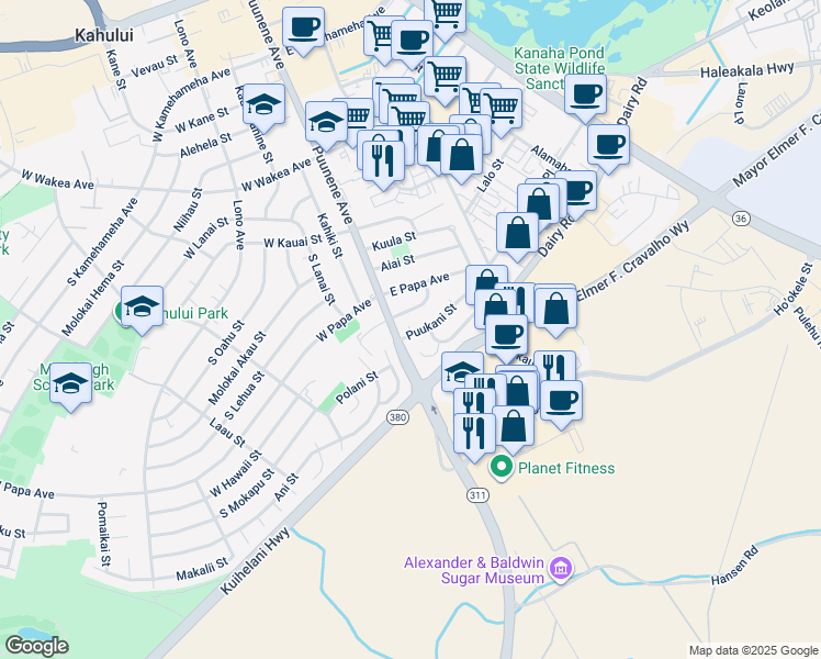 map of restaurants, bars, coffee shops, grocery stores, and more near 19 Puukani Street in Kahului