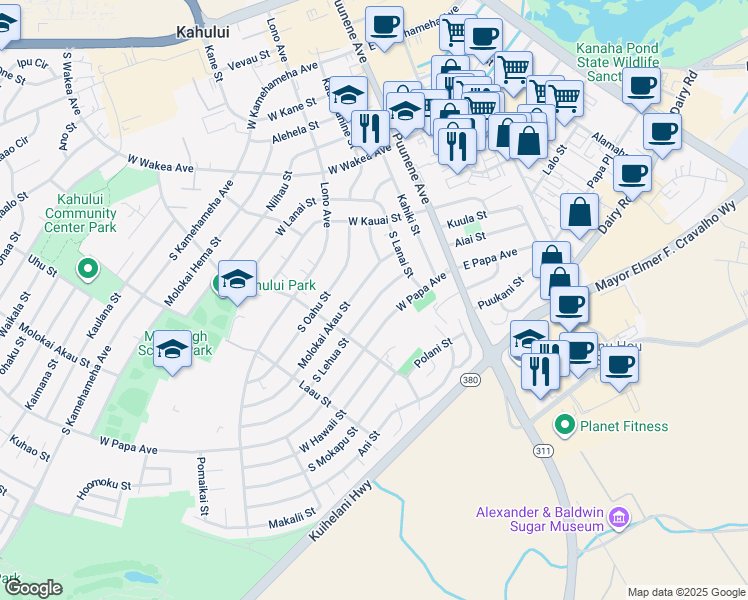 map of restaurants, bars, coffee shops, grocery stores, and more near 104 Lili Lehua Street in Wailuku
