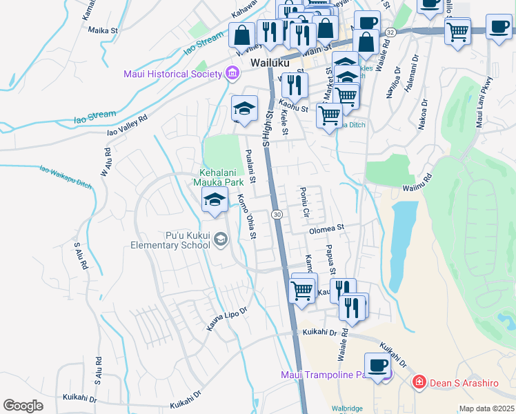 map of restaurants, bars, coffee shops, grocery stores, and more near 116 Kumulaau Ohia Loop in Wailuku