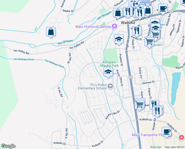 map of restaurants, bars, coffee shops, grocery stores, and more near 108 Lili Lehua Street in Wailuku