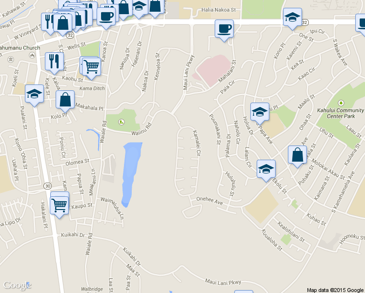 map of restaurants, bars, coffee shops, grocery stores, and more near 21 Lanikeha Place in Kahului