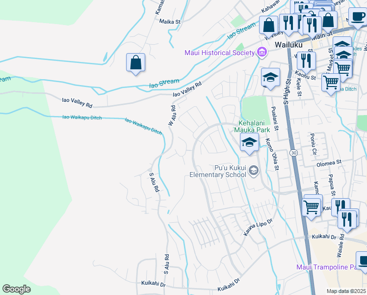 map of restaurants, bars, coffee shops, grocery stores, and more near 86 North Laikeha Place in Wailuku