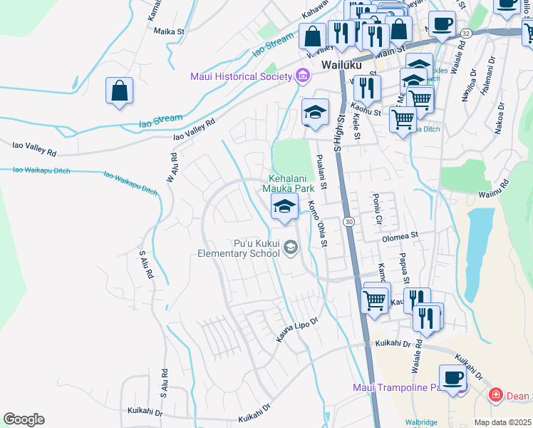 map of restaurants, bars, coffee shops, grocery stores, and more near 131 Hoowaiwai Loop in Wailuku