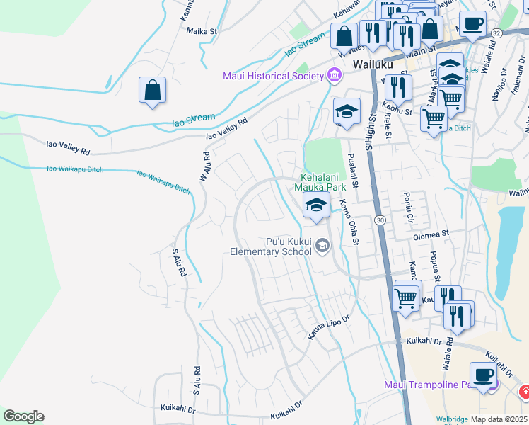 map of restaurants, bars, coffee shops, grocery stores, and more near 113 Lili Lehua Street in Wailuku