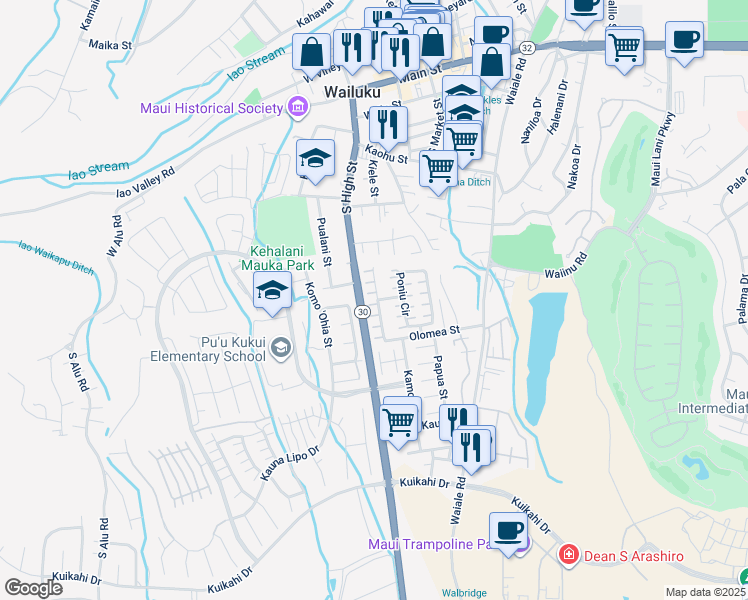 map of restaurants, bars, coffee shops, grocery stores, and more near 566 Akolea Street in Wailuku