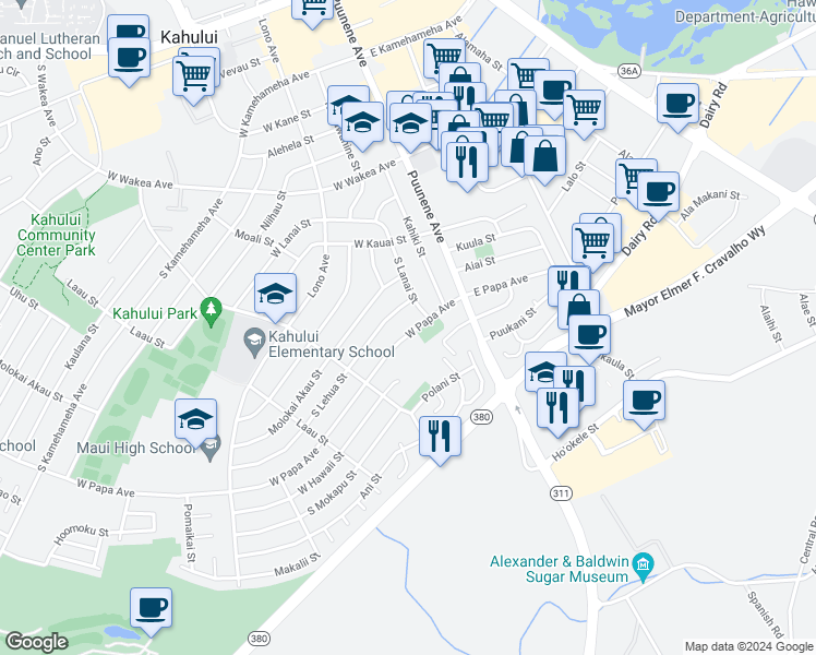 map of restaurants, bars, coffee shops, grocery stores, and more near 84 West Papa Avenue in Kahului