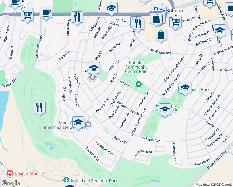 map of restaurants, bars, coffee shops, grocery stores, and more near 538 Waikala Street in Kahului