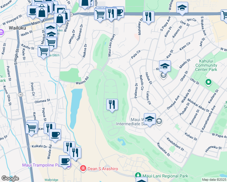 map of restaurants, bars, coffee shops, grocery stores, and more near 22 Lanipo Place in Kahului